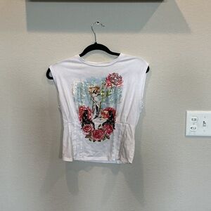 Guess White Crop Top with Red Floral Design
